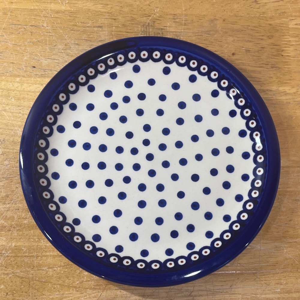 Boleslawiec Polish Pottery Dinner Plate Blue White Polka Dot Peacock Eye Vtg